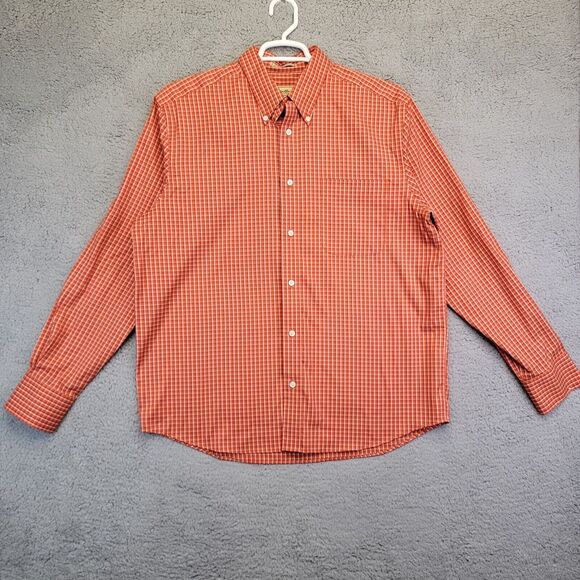 Eddie Bauer Button Up Shirt Men's L Orange Plaid Long Sleeve Wrinkle Resistant‎ - Picture 1 of 13